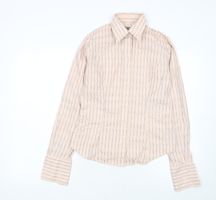 TM Lewin Women Beige Striped Cotton Long Sleeve Button-Up Shirt Size 8