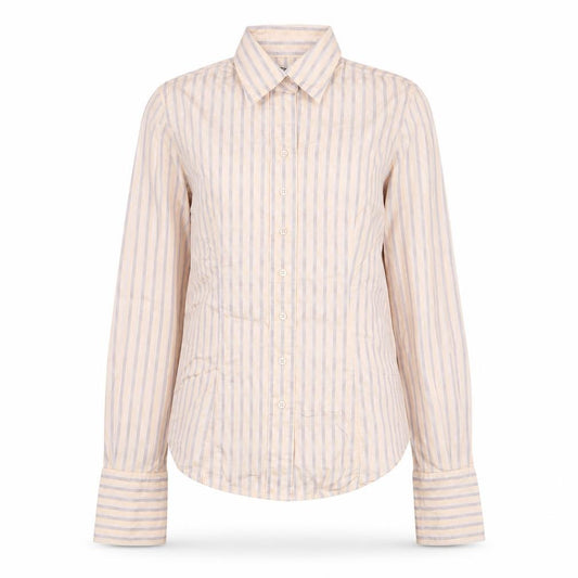 Front view of TM Lewin Women Beige Striped Cotton Long Sleeve Button-Up Shirt, size 8