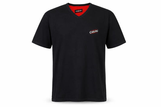 Front view of Carling Men's Black V-Neck Beer Logo Vintage T-Shirt One Size