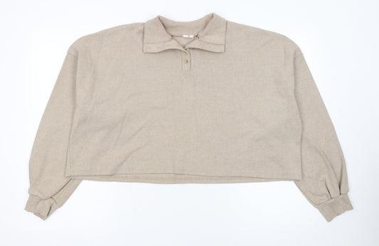 He Women Beige Small Henley Jumper Cotton Blend Long Sleeve Top