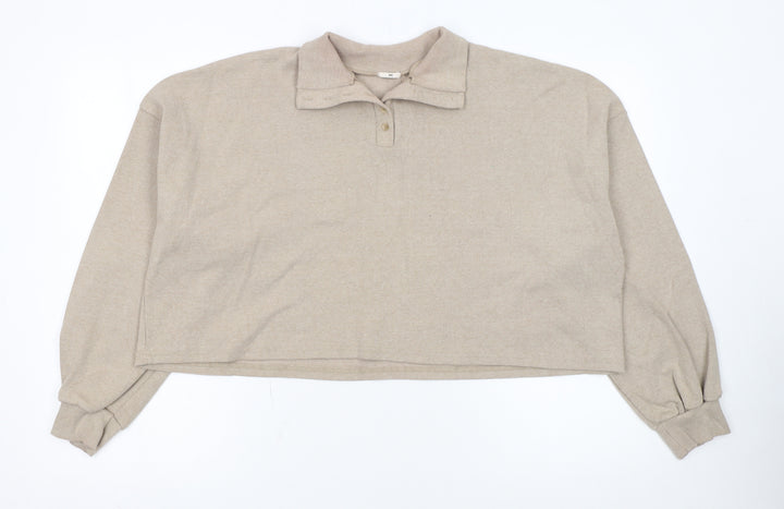 He Women Beige Small Henley Jumper Cotton Blend Long Sleeve Top