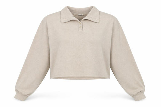 Front view of He Women Beige Small Henley Jumper Cotton Blend Long Sleeve Top