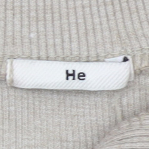 He Women Beige Small Henley Jumper Cotton Blend Long Sleeve Top