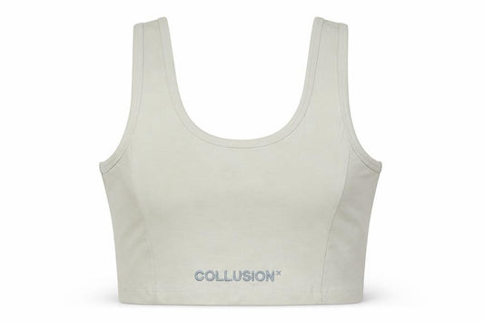 Front view of Collusion Women's Beige Cropped Tank Top, size 12, Cotton Blend