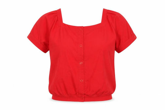 Front view of MEMO Red Women's Short Sleeve Cotton Button-Up Top S