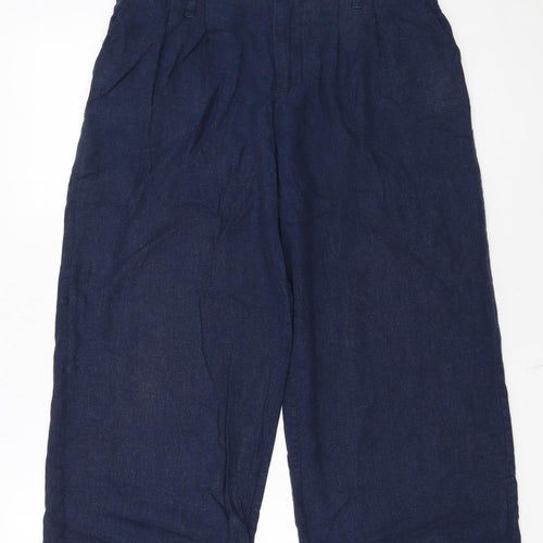 Fat Face Women's Blue Linen Cropped Wide-Leg Trousers Size 8