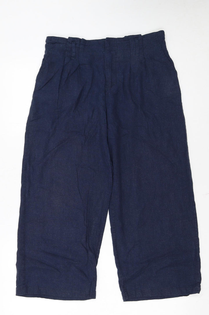 Fat Face Women's Blue Linen Cropped Wide-Leg Trousers Size 8
