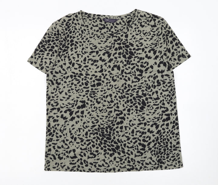 Marks and Spencer Womens Green Animal Print Cotton T-Shirt Size 10