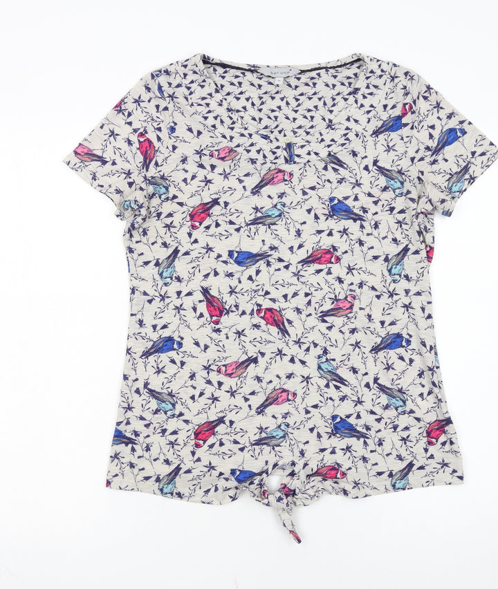 Marks and Spencer Women’s Beige Bird Print Short Sleeve Tie Hem T-Shirt UK 10