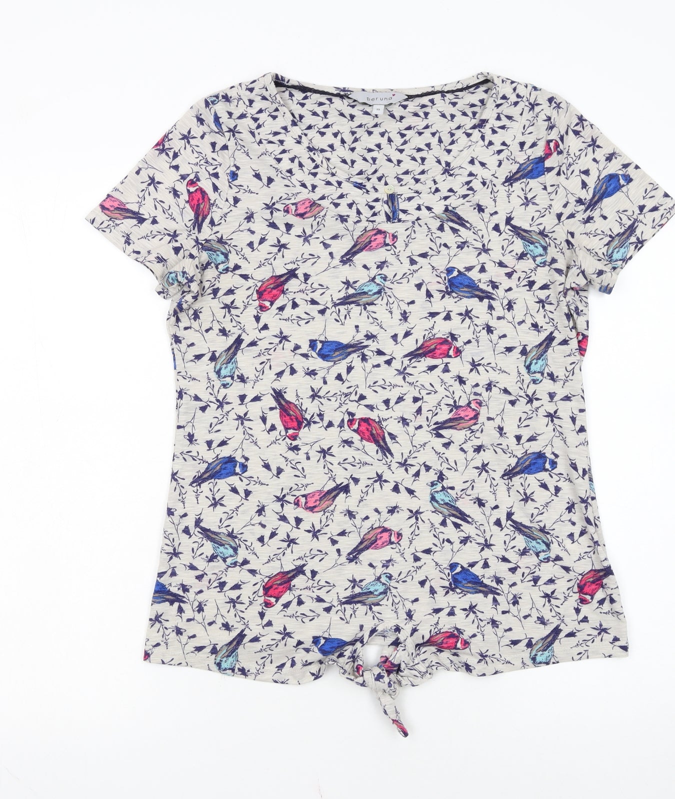 Marks and Spencer Women’s Beige Bird Print Short Sleeve Tie Hem T-Shirt UK 10