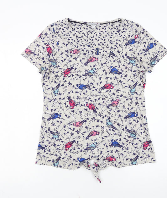 Marks and Spencer Women’s Beige Bird Print Short Sleeve Tie Hem T-Shirt UK 10