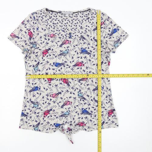 Marks and Spencer Women’s Beige Bird Print Short Sleeve Tie Hem T-Shirt UK 10