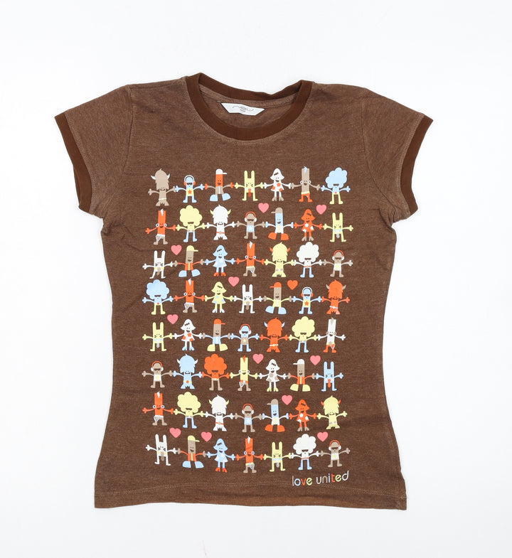New Look Women Brown Cartoon Ringer T-Shirt Size 8
