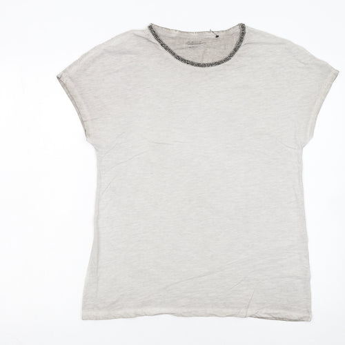 Hauber Women Beige Beaded Crew Neck Basic Cotton T-Shirt Size S