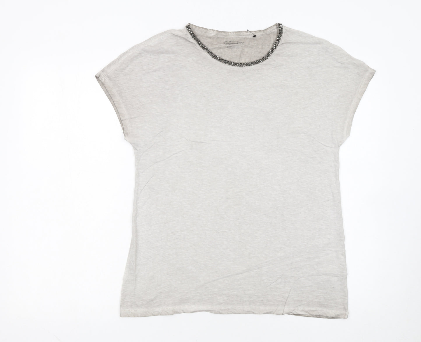 Hauber Women Beige Beaded Crew Neck Basic Cotton T-Shirt Size S
