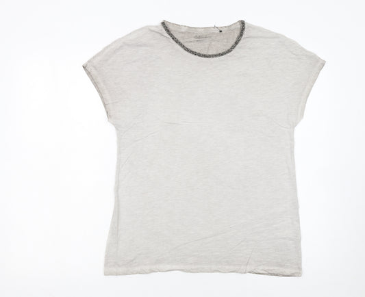 Hauber Women Beige Beaded Crew Neck Basic Cotton T-Shirt Size S