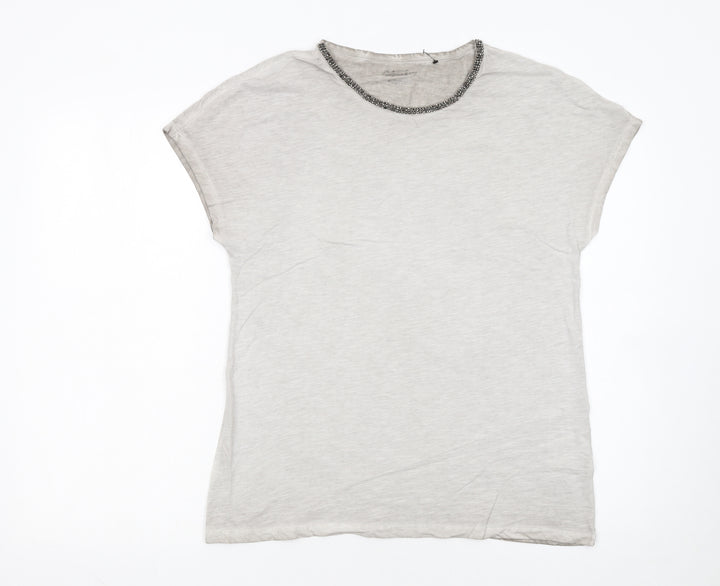 Hauber Women Beige Beaded Crew Neck Basic Cotton T-Shirt Size S