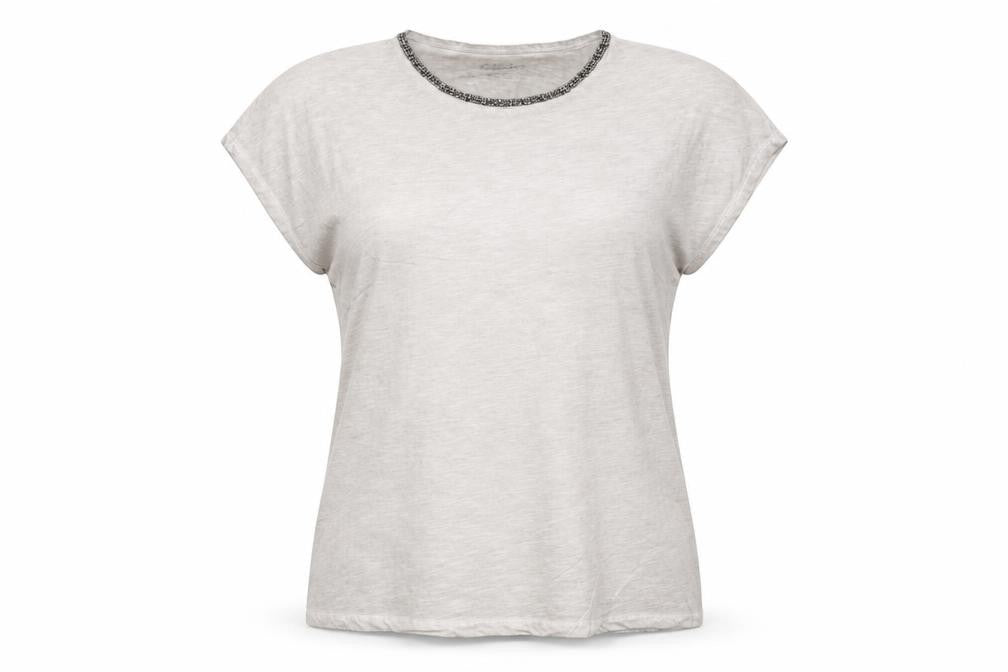 Front view of Hauber Women Beige Beaded Crew Neck Basic Cotton T-Shirt, size S