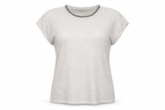 Front view of Hauber Women Beige Beaded Crew Neck Basic Cotton T-Shirt, size S