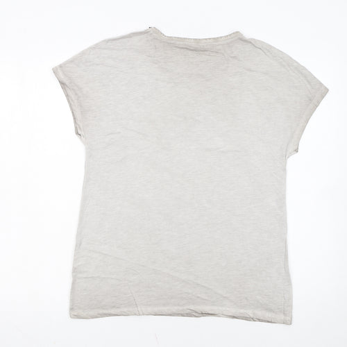 Hauber Women Beige Beaded Crew Neck Basic Cotton T-Shirt Size S