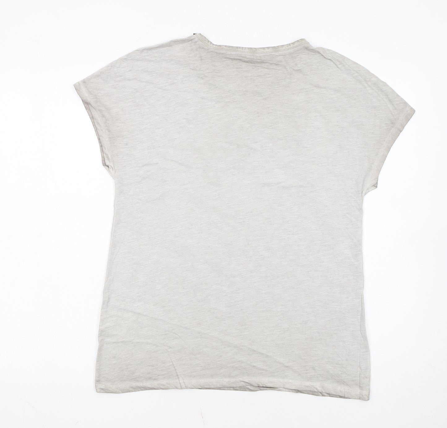 Hauber Women Beige Beaded Crew Neck Basic Cotton T-Shirt Size S