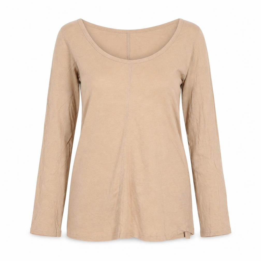 Front view of H&M Women’s Beige 3/4 Sleeve Basic Cotton Scoop Neck Top, size UK 12