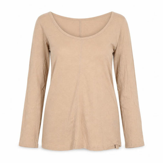 Front view of H&M Women’s Beige 3/4 Sleeve Basic Cotton Scoop Neck Top, size UK 12