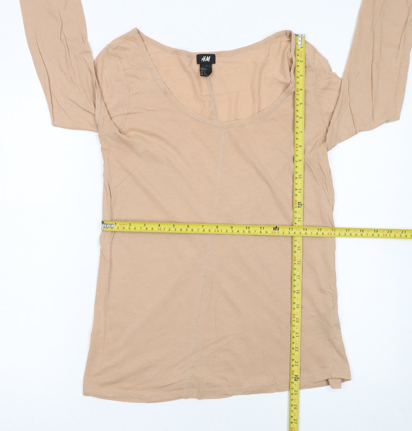 H&M Women’s Beige 3/4 Sleeve Basic Cotton Scoop Neck Top Size 12