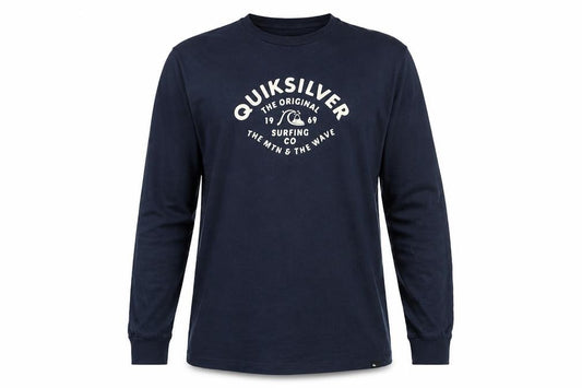 Front view of Quiksilver Men's Blue Long Sleeve Surf Graphic Regular Fit T-Shirt, size S