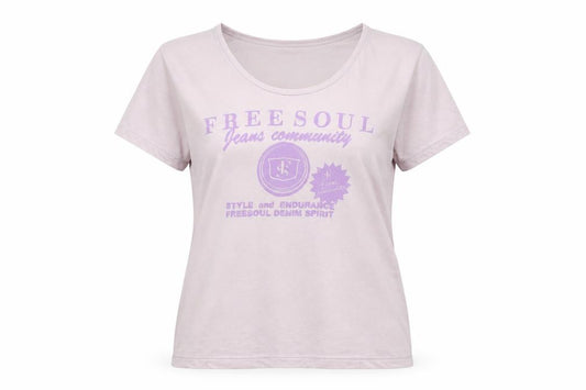 Front view of Freesoul Women's Pink Cotton Crew Neck Casual T-Shirt, size L