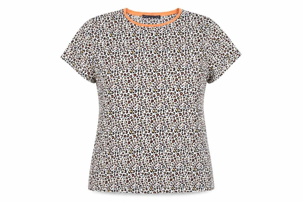 Front view of Marks & Spencer women’s multicoloured leopard print cotton stretch t-shirt, size UK 14