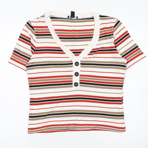 New Look Women’s Multicoloured Striped V-Neck Button T-Shirt Size 16