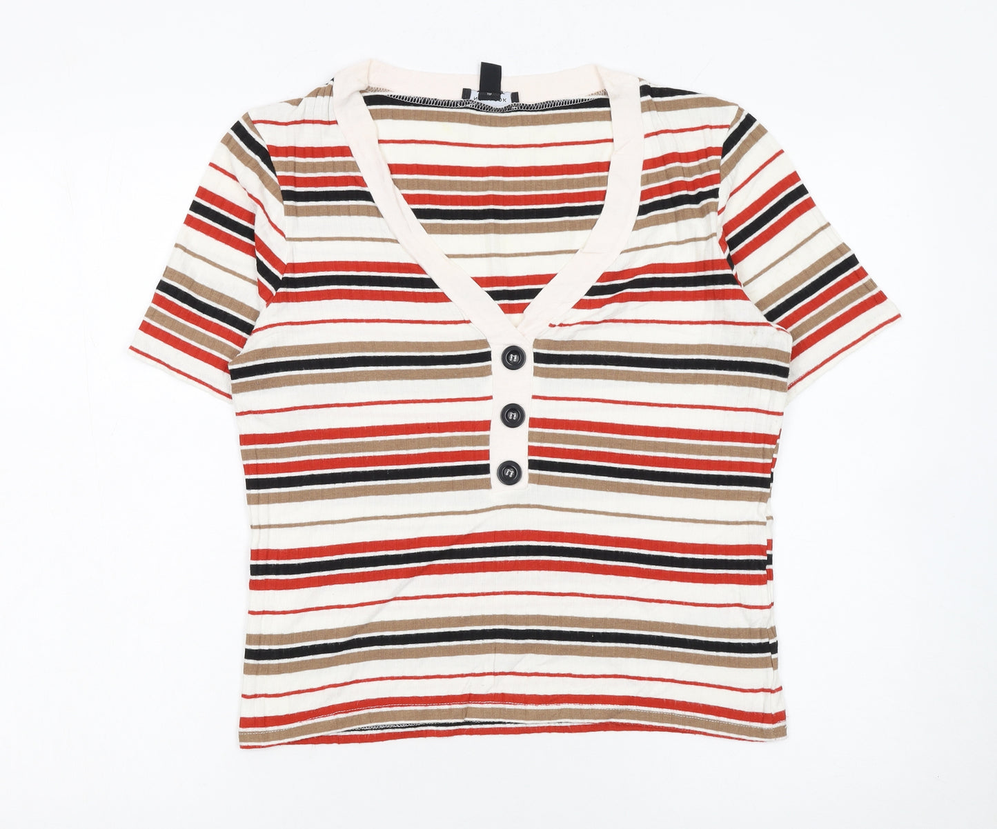 New Look Women’s Multicoloured Striped V-Neck Button T-Shirt Size 16
