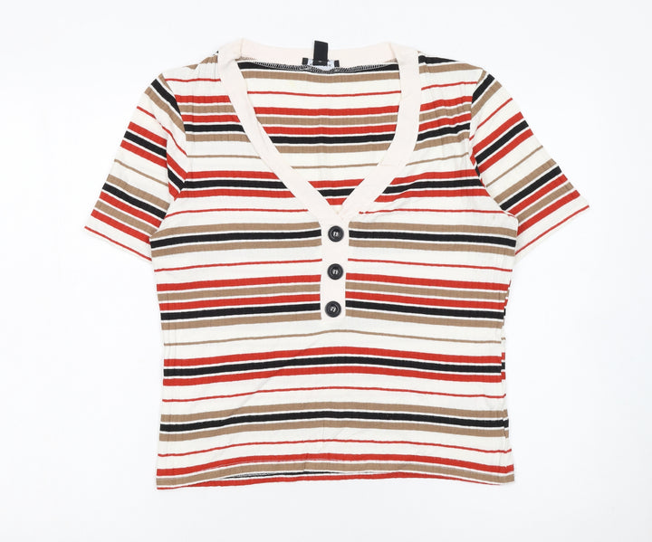 New Look Women’s Multicoloured Striped V-Neck Button T-Shirt Size 16