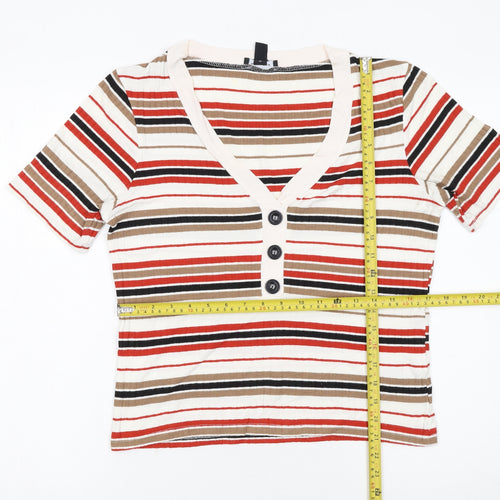 New Look Women’s Multicoloured Striped V-Neck Button T-Shirt Size 16
