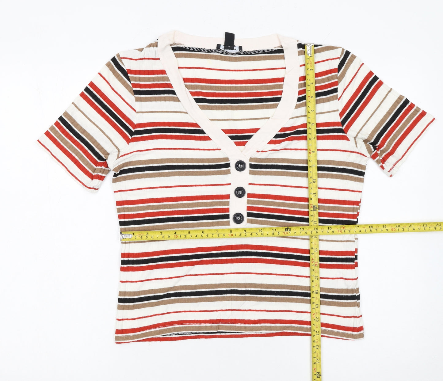 New Look Women’s Multicoloured Striped V-Neck Button T-Shirt Size 16