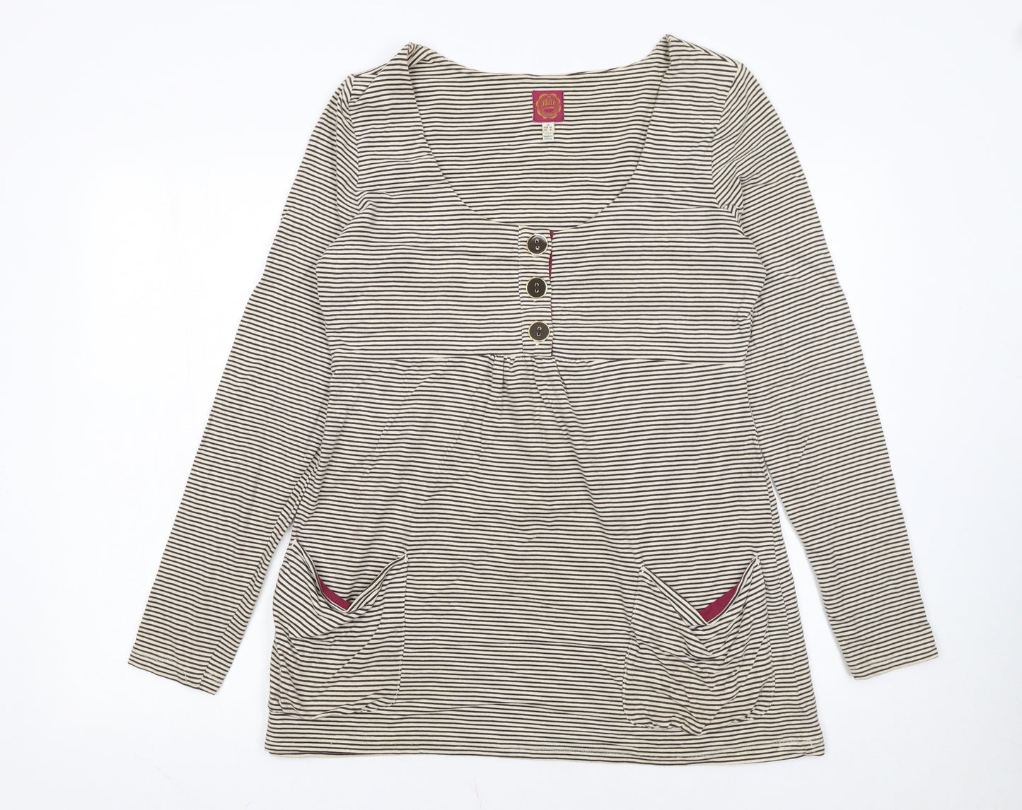 Joules Women’s Beige Striped Tunic Top Size 12 Long Sleeve Cotton