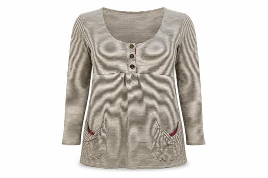 Front view of Joules Women’s Beige Striped Tunic Top, size UK 12, Long Sleeve Cotton