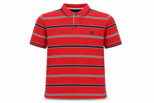 Front view of Atlantic Bay Red Striped Cotton Polo Shirt Men's L Casual