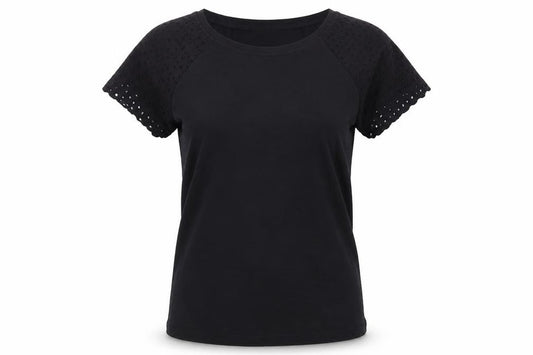 Front view of Klass Women’s Black L Short Sleeve Embroidered Cotton Modal T-Shirt