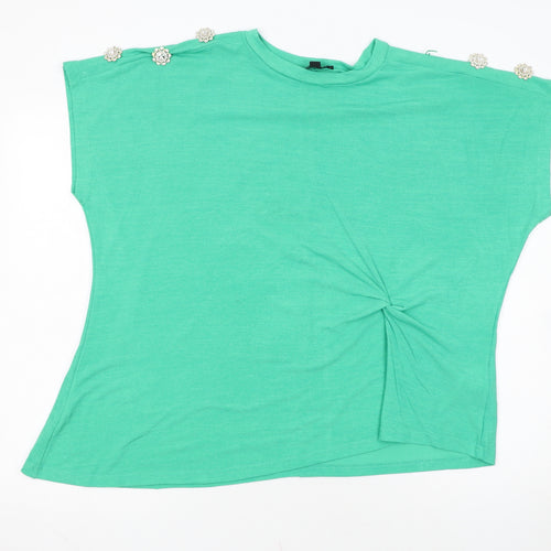 Blue Vanilla Women's Green Beaded Shoulder Crew Neck T-Shirt Size M