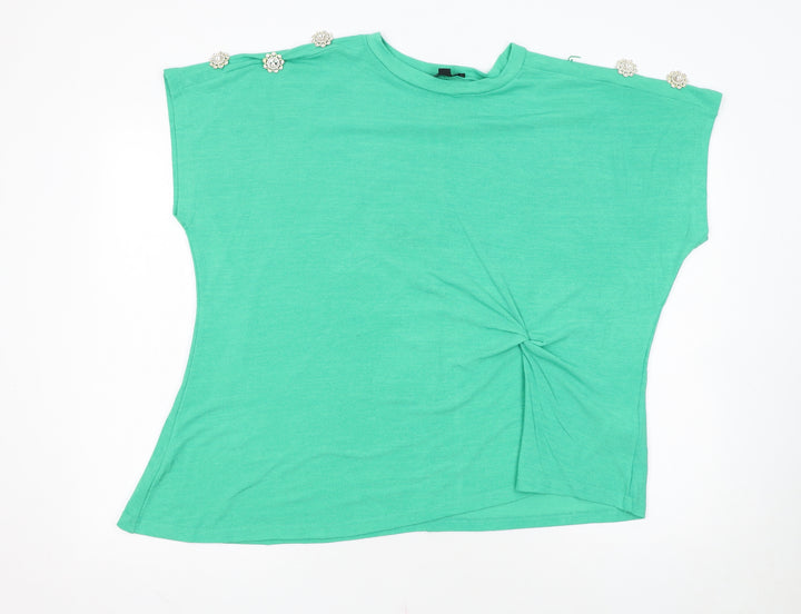 Blue Vanilla Women's Green Beaded Shoulder Crew Neck T-Shirt Size M