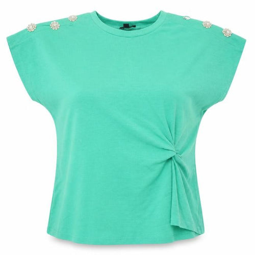 Blue Vanilla Women's Green Beaded Shoulder Crew Neck T-Shirt Size M