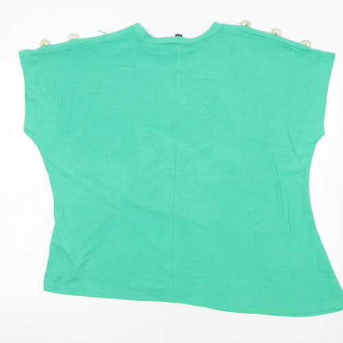 Blue Vanilla Women's Green Beaded Shoulder Crew Neck T-Shirt Size M