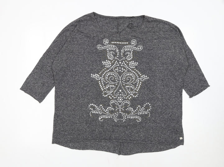 Lipsy Women’s Grey Beaded V-Neck 3/4 Sleeve Jersey T-Shirt Size L