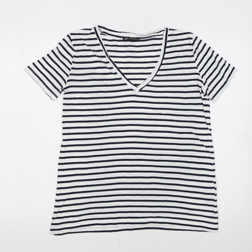 Zara Women's White Black Striped V-Neck Cotton T-Shirt M