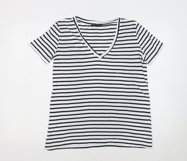 Zara Women's White Black Striped V-Neck Cotton T-Shirt M