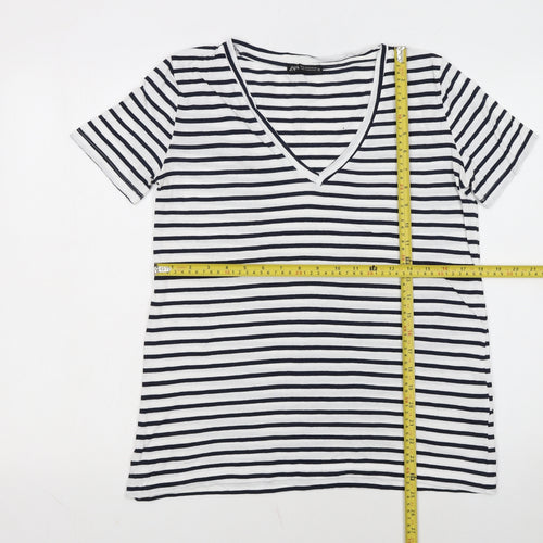 Zara Women's White Black Striped V-Neck Cotton T-Shirt M