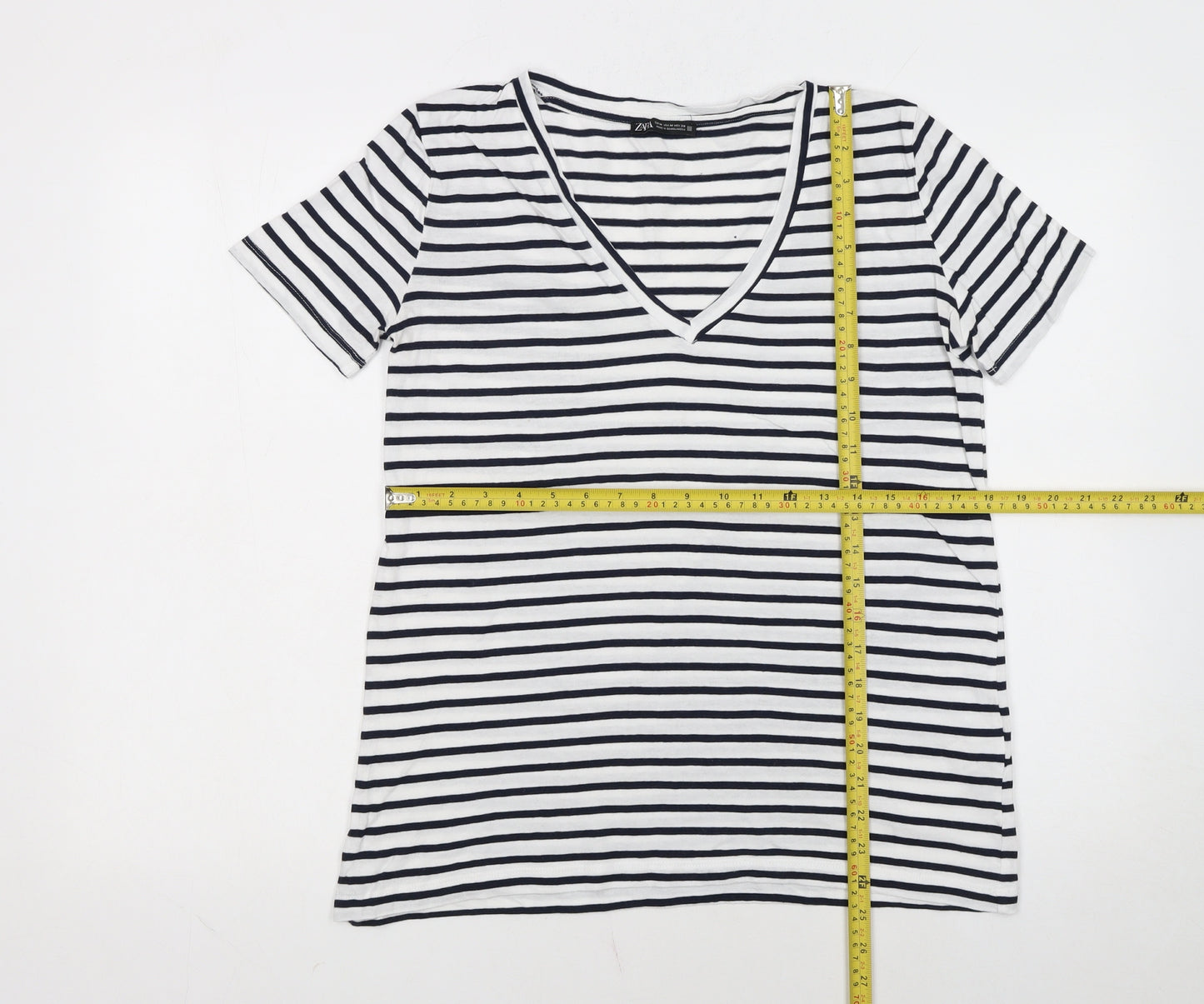 Zara Women's White Black Striped V-Neck Cotton T-Shirt M