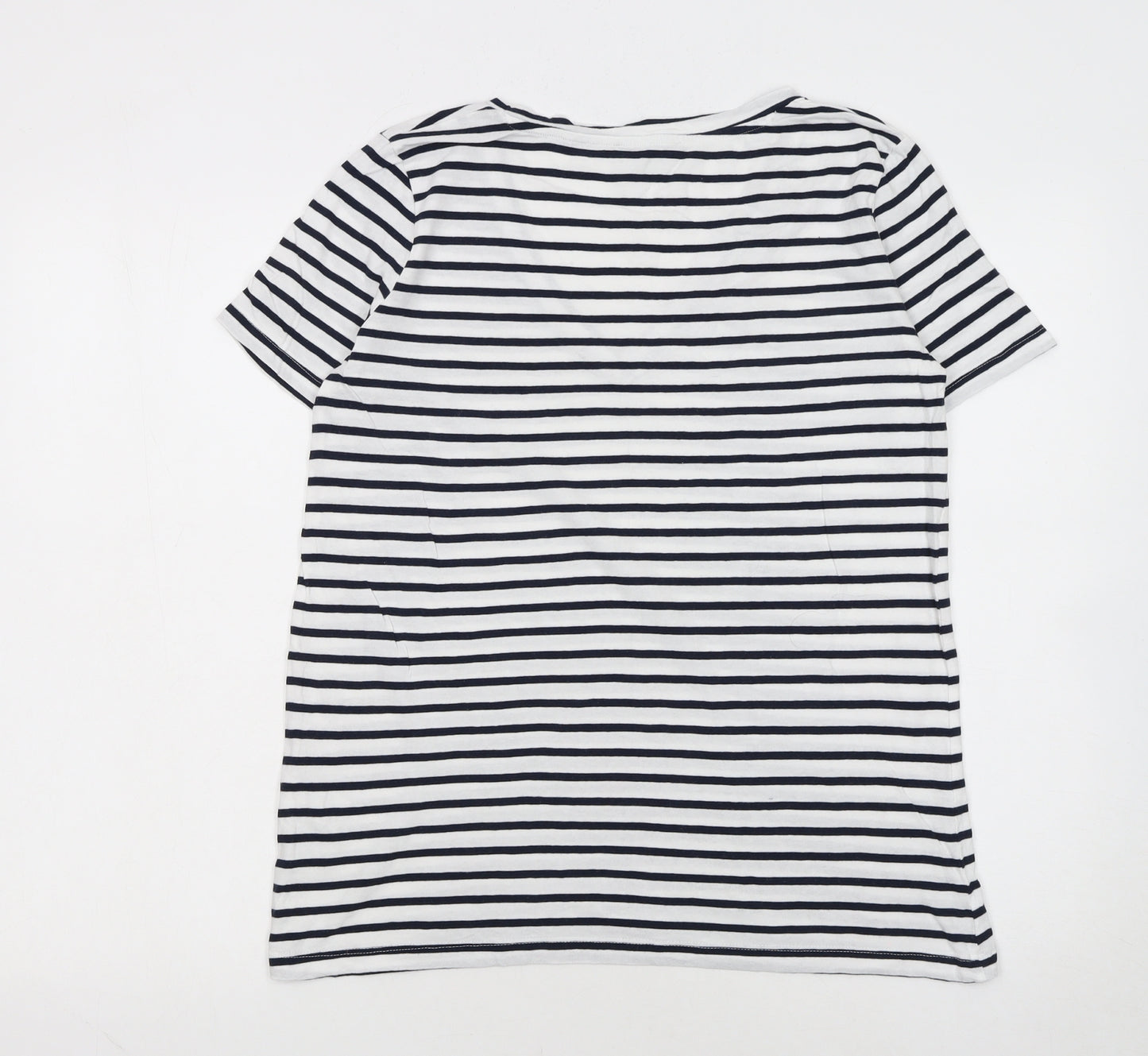 Zara Women's White Black Striped V-Neck Cotton T-Shirt M